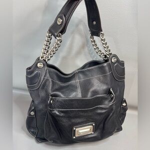 B MAKOWSKY black leather purse designer tote shoulder bag modern classic EUC